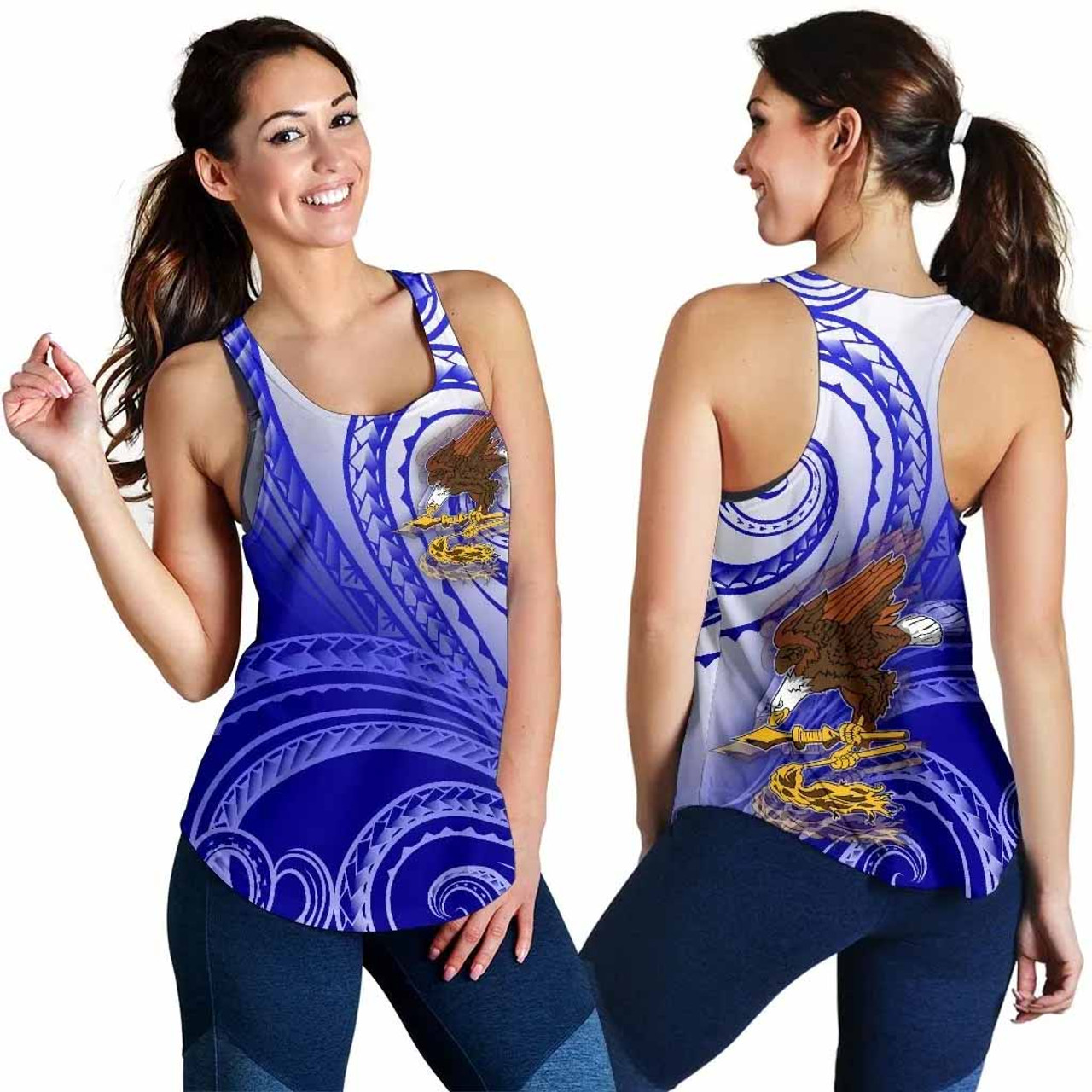 American Samoa Polynesian Women Racerback Tank - Bald Eagle (Blue) 4