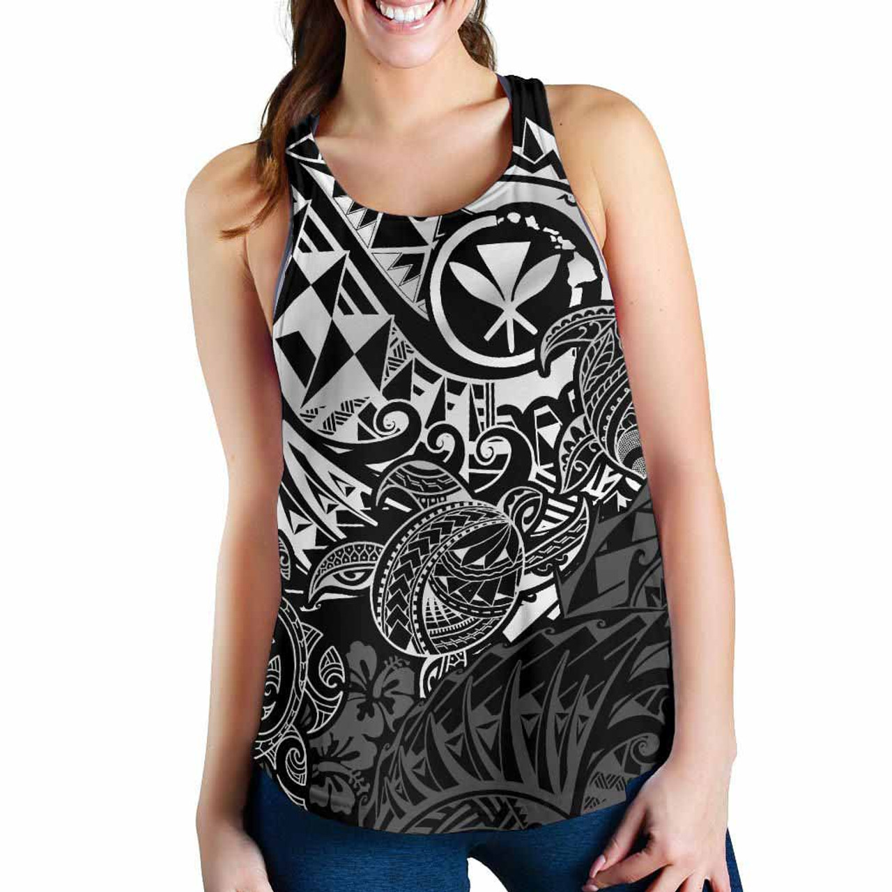 Polynesian Hawaii (Kanaka Maoli) Women Racerback Tank - Black Turtle Hibiscus Flowing 3