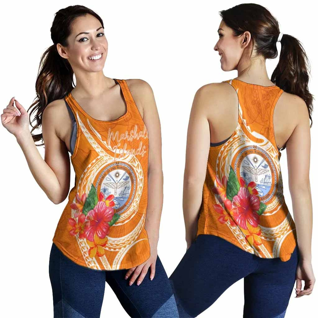 Marshall Islands Polynesian Women Racerback Tank - Orange Floral With Seal 1