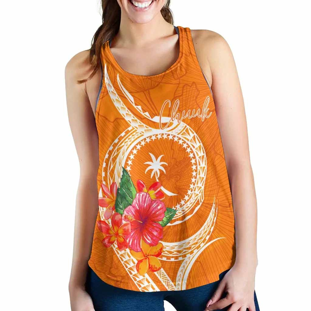 Chuuk Polynesian Women Racerback Tank - Orange Floral With Seal 4