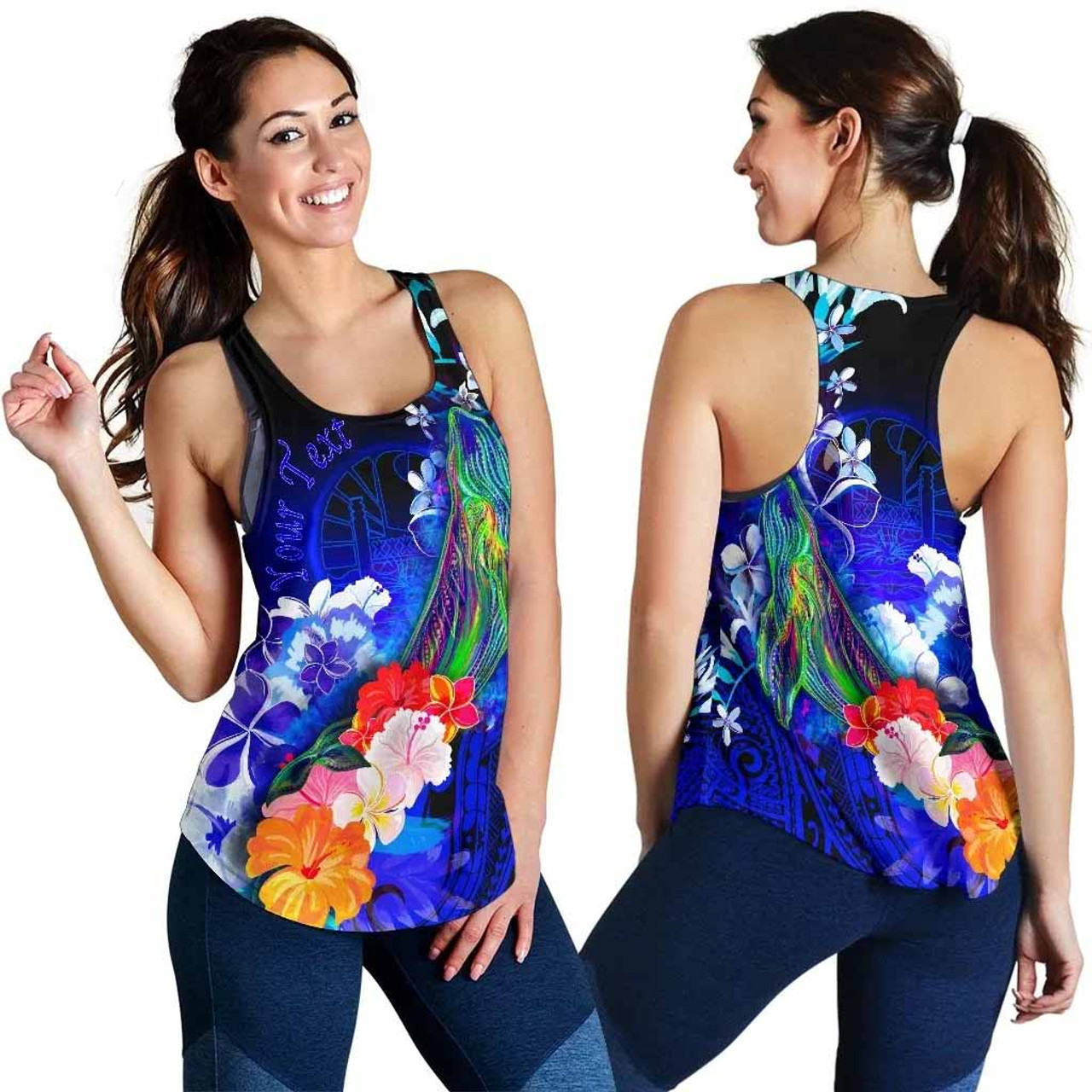 Tahiti Custom Personalised Women Racerback Tank - Humpback Whale with Tropical Flowers (Blue) 4