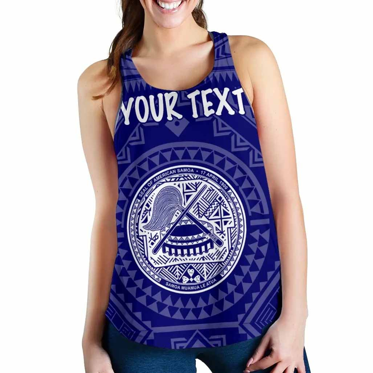 American Samoa Personalised Women Racerback Tank - Seal In Polynesian Tattoo Style (Blue) 3