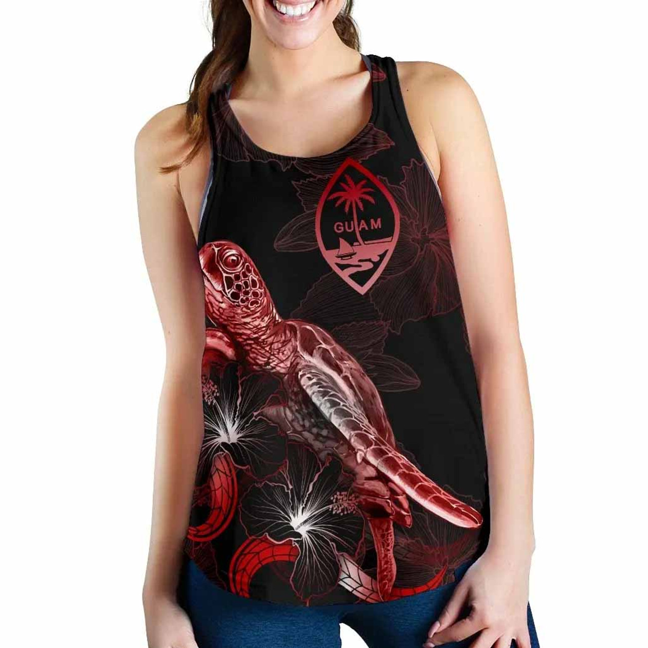 Guam Polynesian Women Tank Top - Turtle With Blooming Hibiscus Red 2