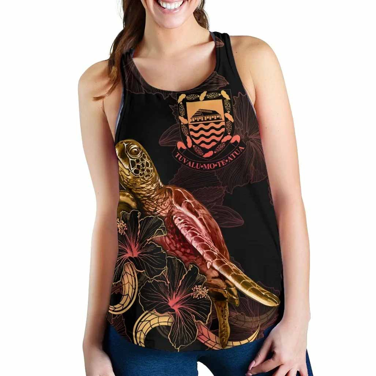 Tuvalu Polynesian Women Tank Top - Turtle With Blooming Hibiscus Gold 2