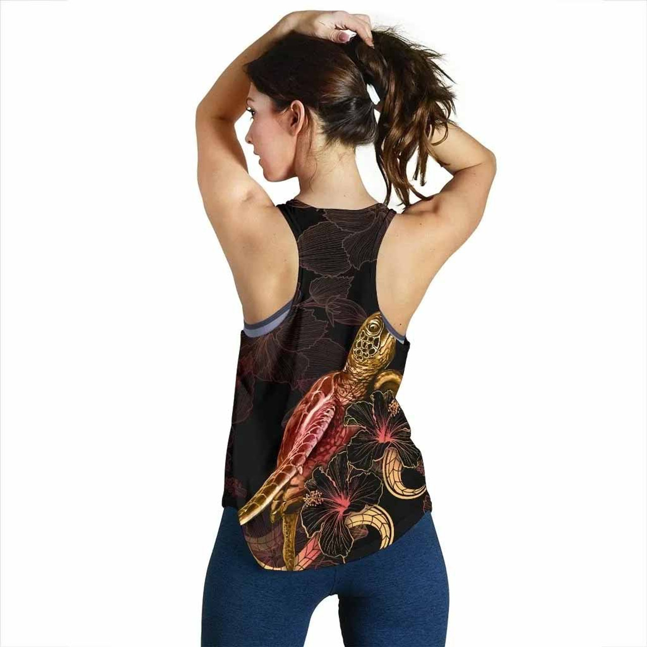 Tuvalu Polynesian Women Tank Top - Turtle With Blooming Hibiscus Gold 3