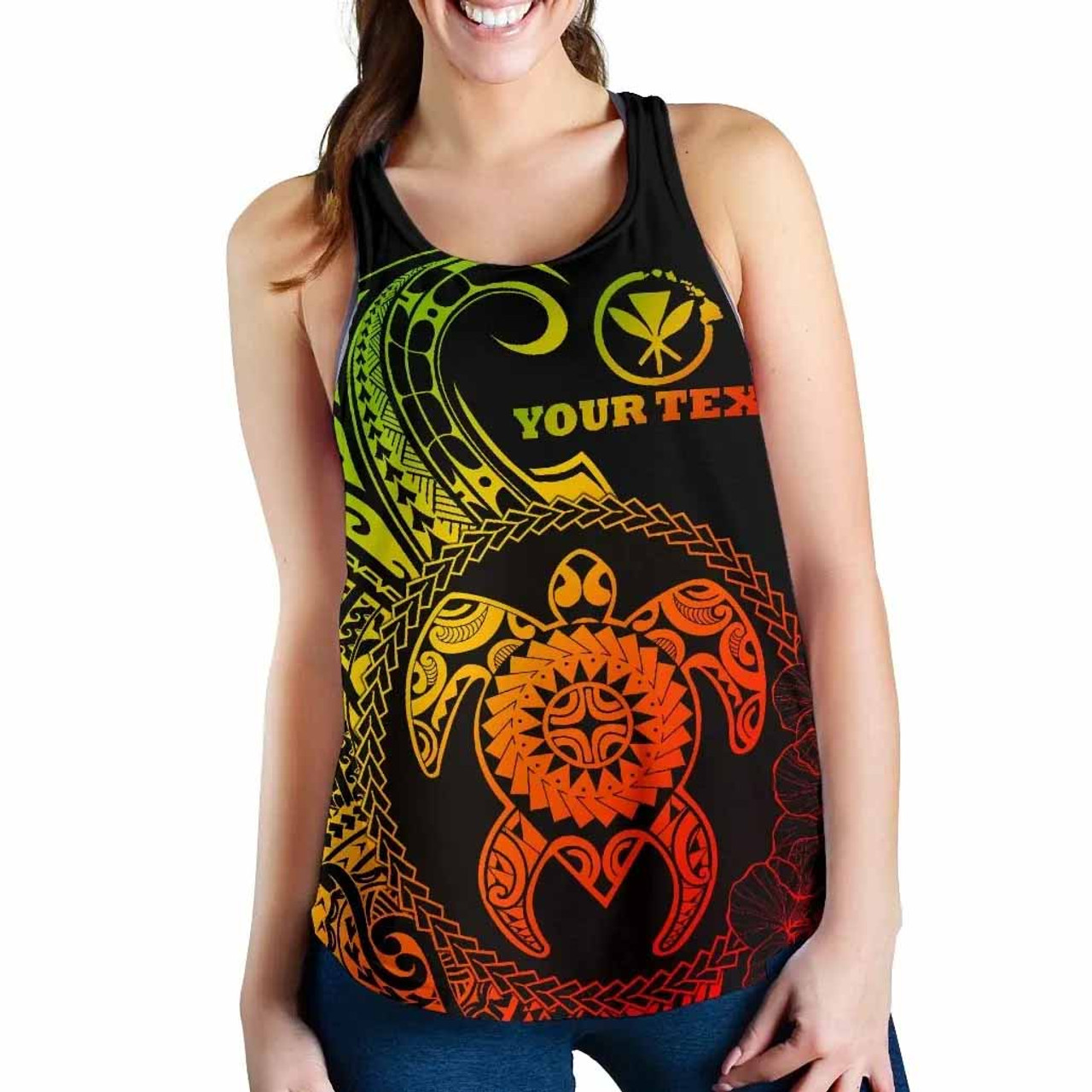 Hawaii Polynesian Personalised Women Racerback Tank - Vintage Polynesian Turtle (Reggae) 2