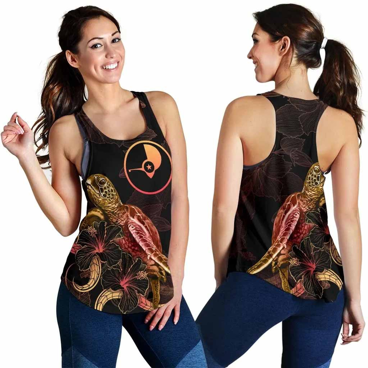 Yap Polynesian Women Tank Top - Turtle With Blooming Hibiscus Gold 4