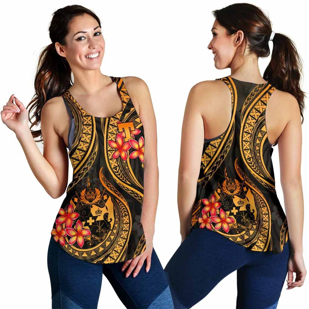 Tonga Polynesian Women Racerback Tank - Gold Plumeria 2