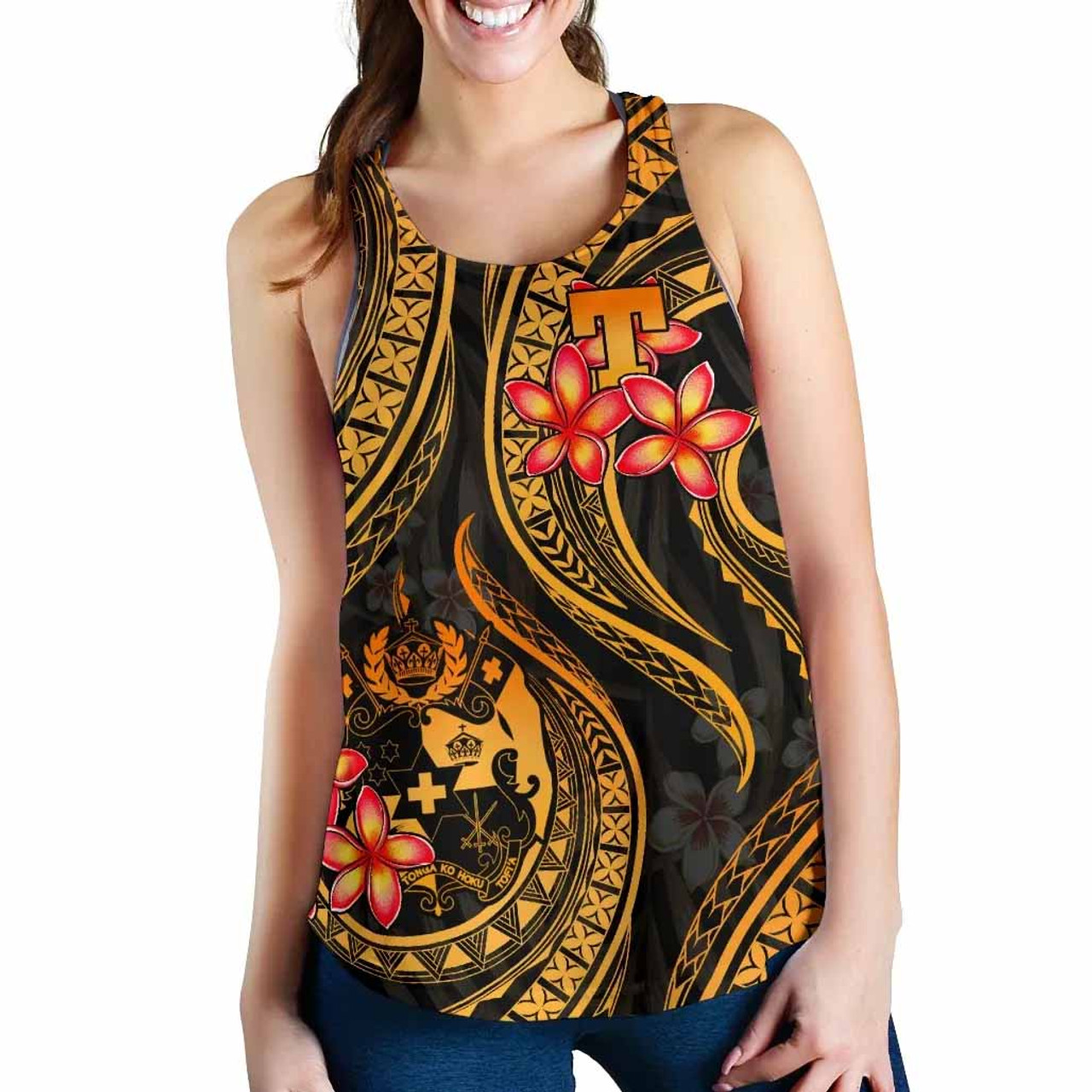 Tonga Polynesian Women Racerback Tank - Gold Plumeria 3