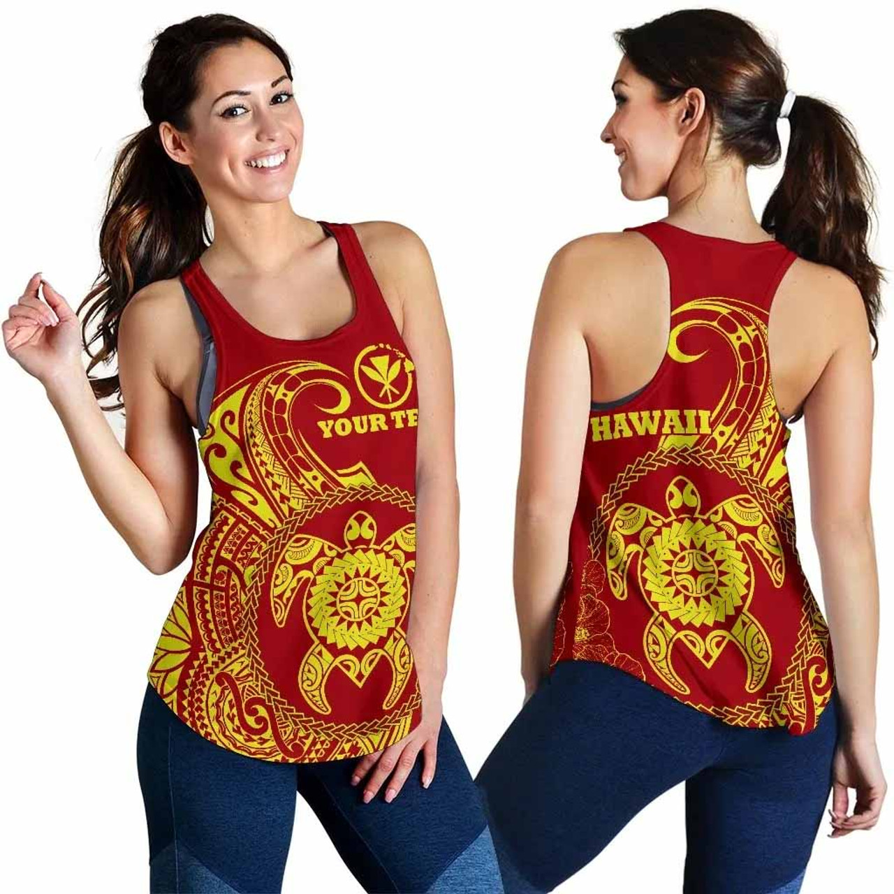 Hawaii Polynesian Personalised Women Racerback Tank - Vintage Polynesian Turtle (Red) 4