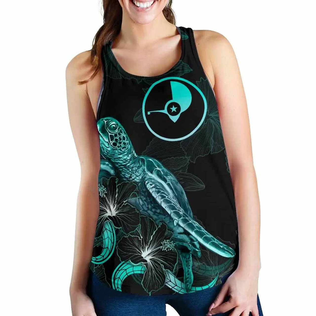 Yap Polynesian Women Tank Top - Turtle With Blooming Hibiscus Turquoise 2