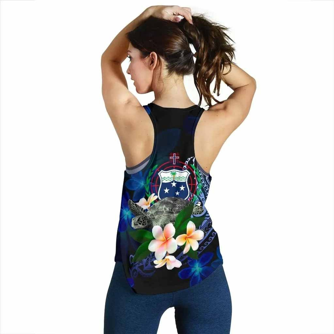 Samoa Polynesian Women Racerback Tank - Turtle With Plumeria Flowers 2