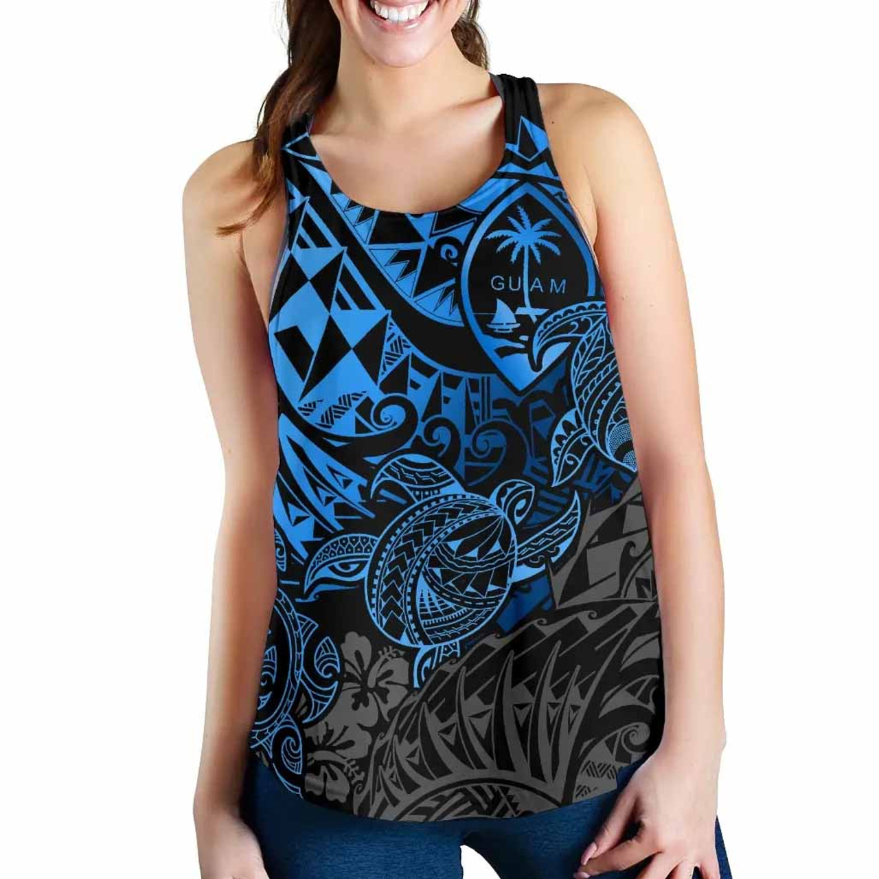 Guam Polynesian Racerback Tank (Women) - Blue Turtle Flowing 3