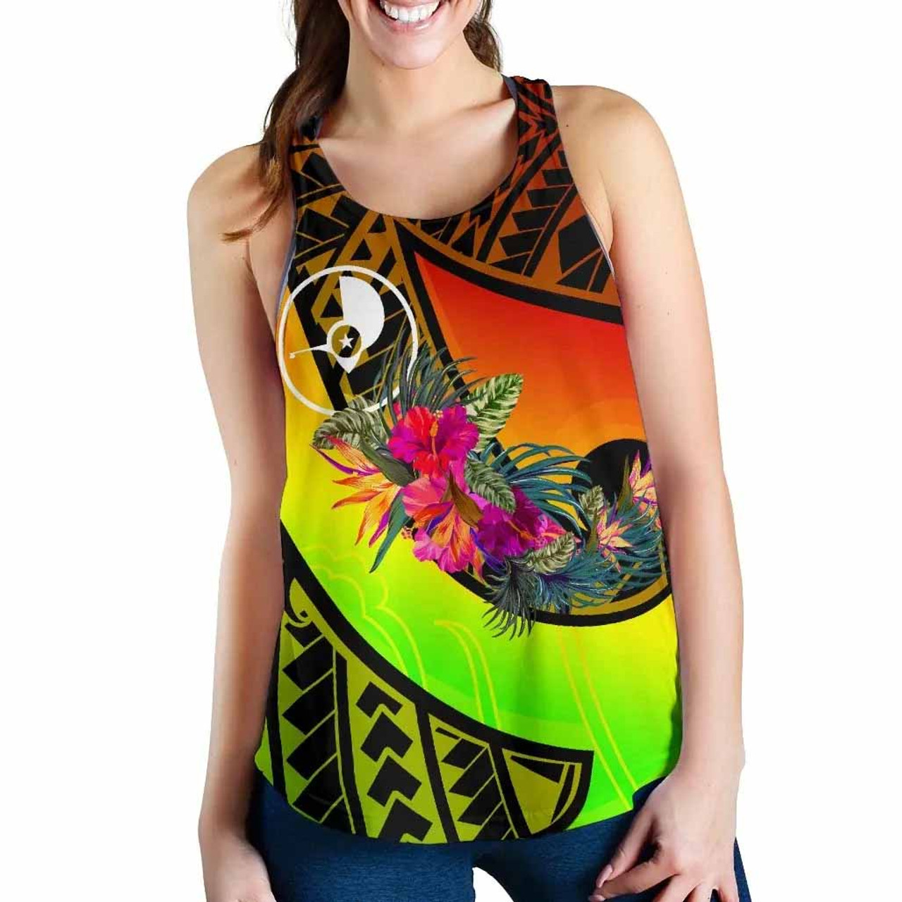 Yap Women Rscerback Tank - Polynesian Hook And Hibiscus (Reggae) 2