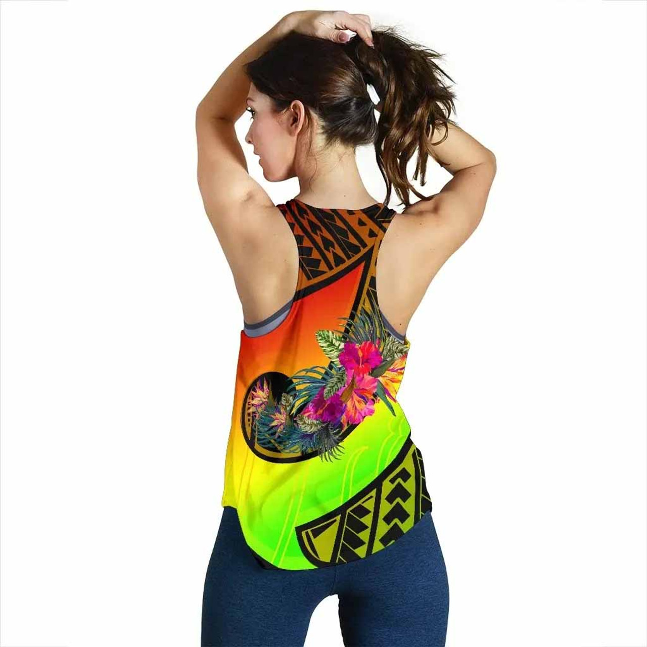 Yap Women Rscerback Tank - Polynesian Hook And Hibiscus (Reggae) 3