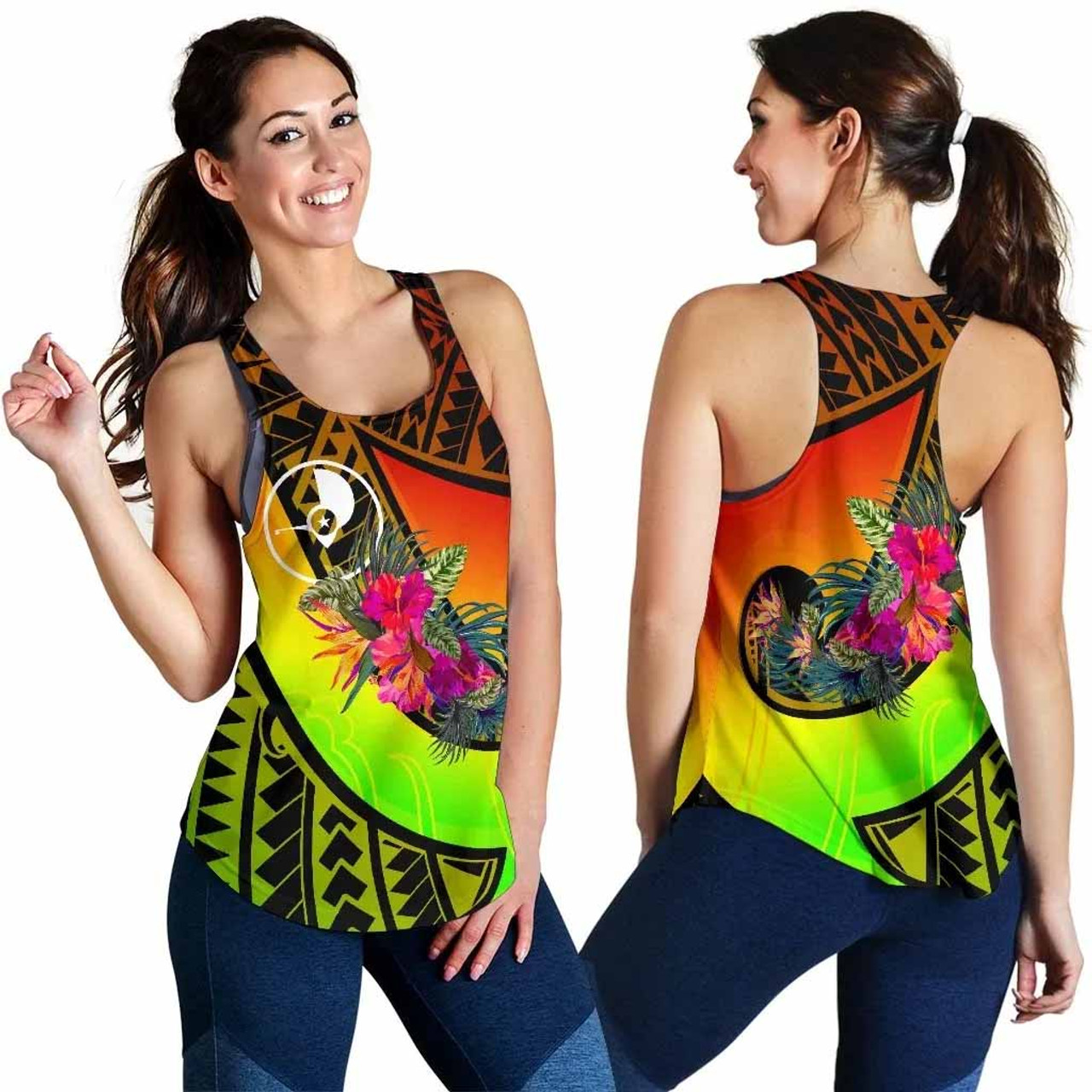 Yap Women Rscerback Tank - Polynesian Hook And Hibiscus (Reggae) 4