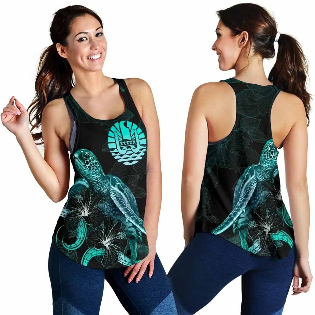 Tahiti Polynesian Women Tank Top - Turtle With Blooming Hibiscus Turquoise 4