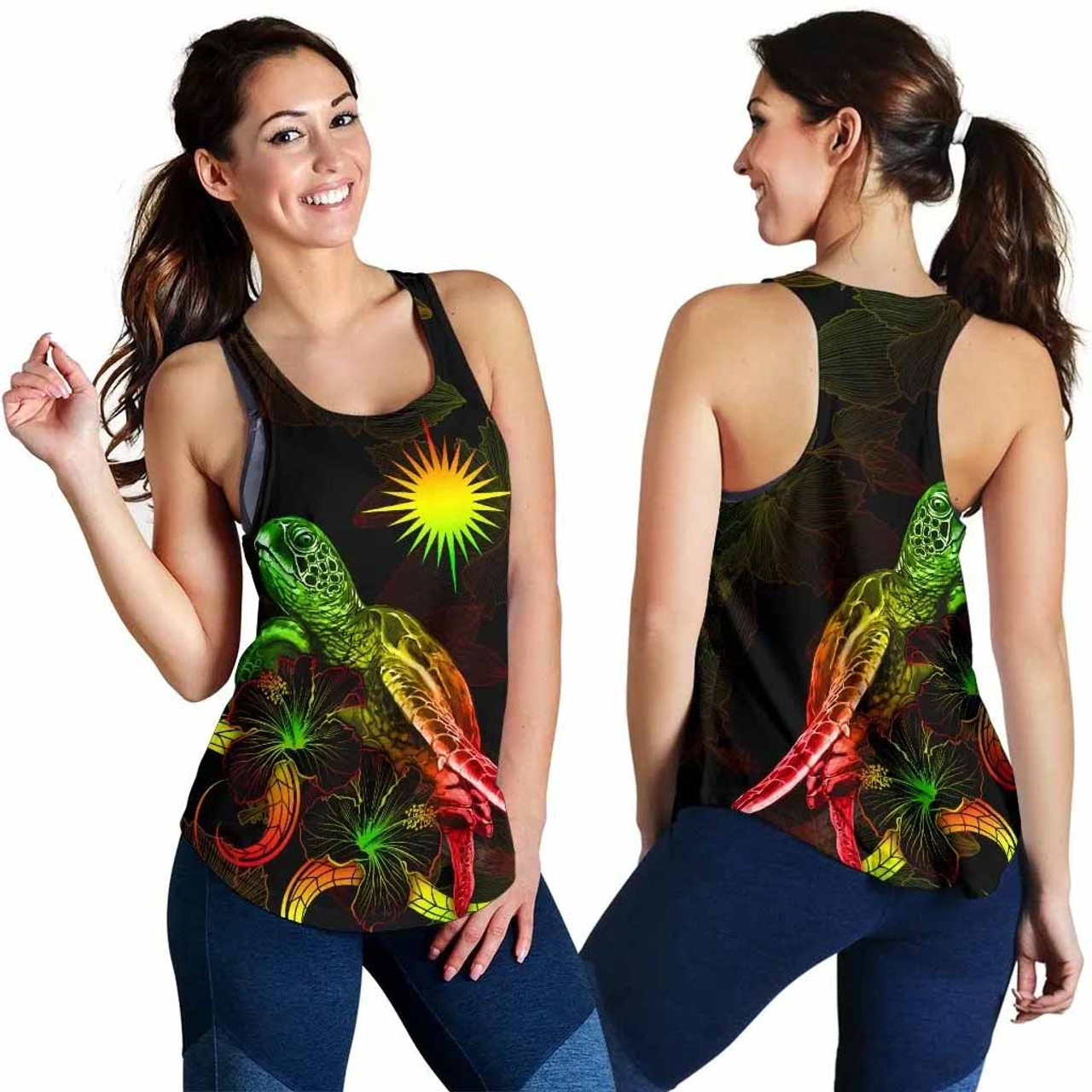 Marshall Islands Polynesian Women Tank Top - Turtle With Blooming Hibiscus Reggae 4