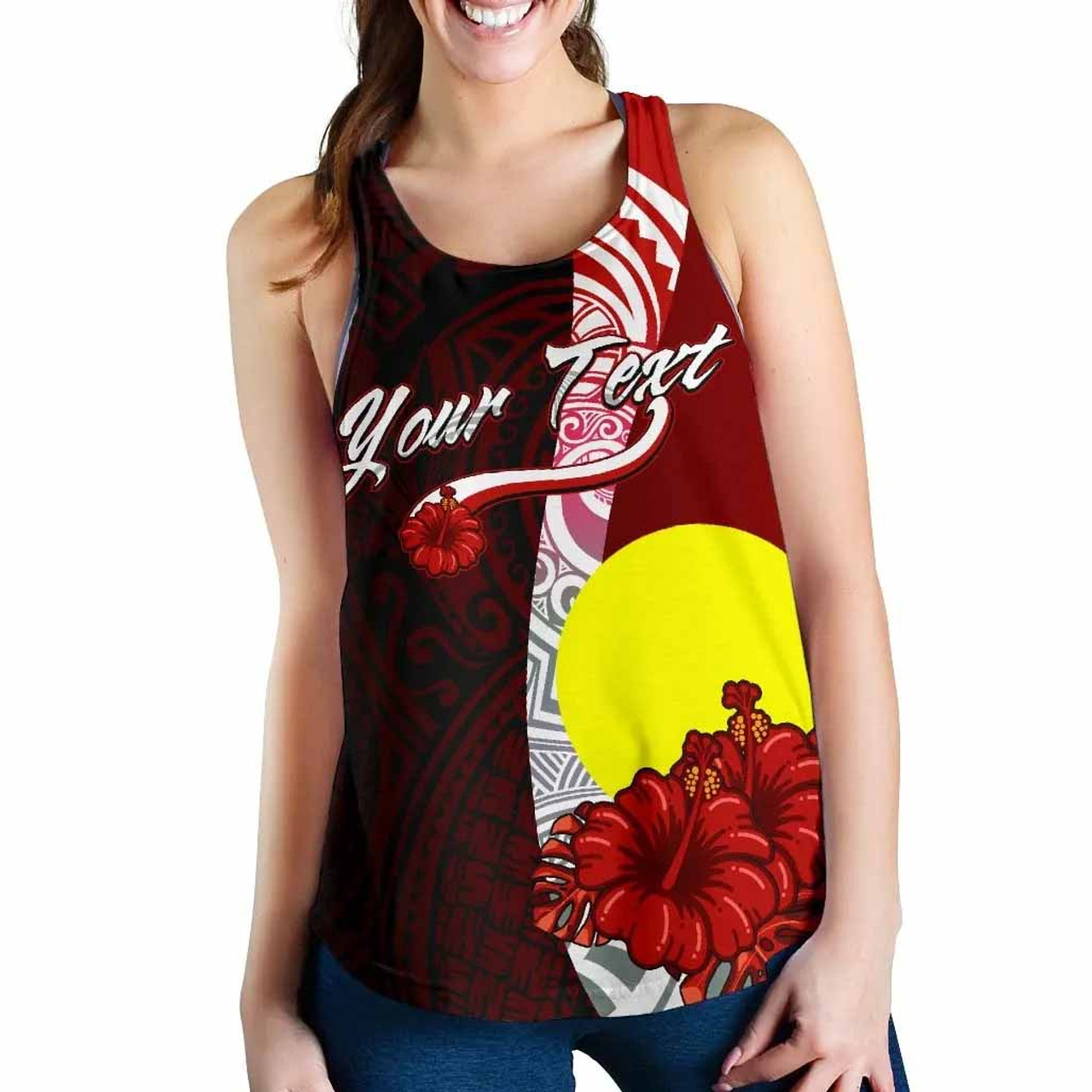 Palau Polynesian Custom Personalised Women Racerback Tank - Coat Of Arm With Hibiscus 2