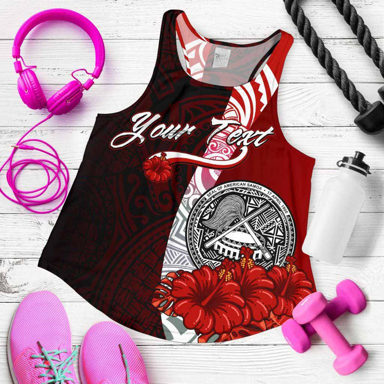 American Samoa Polynesian Custom Personalised Women Racerback Tank - Coat Of Arm With Hibiscus 5