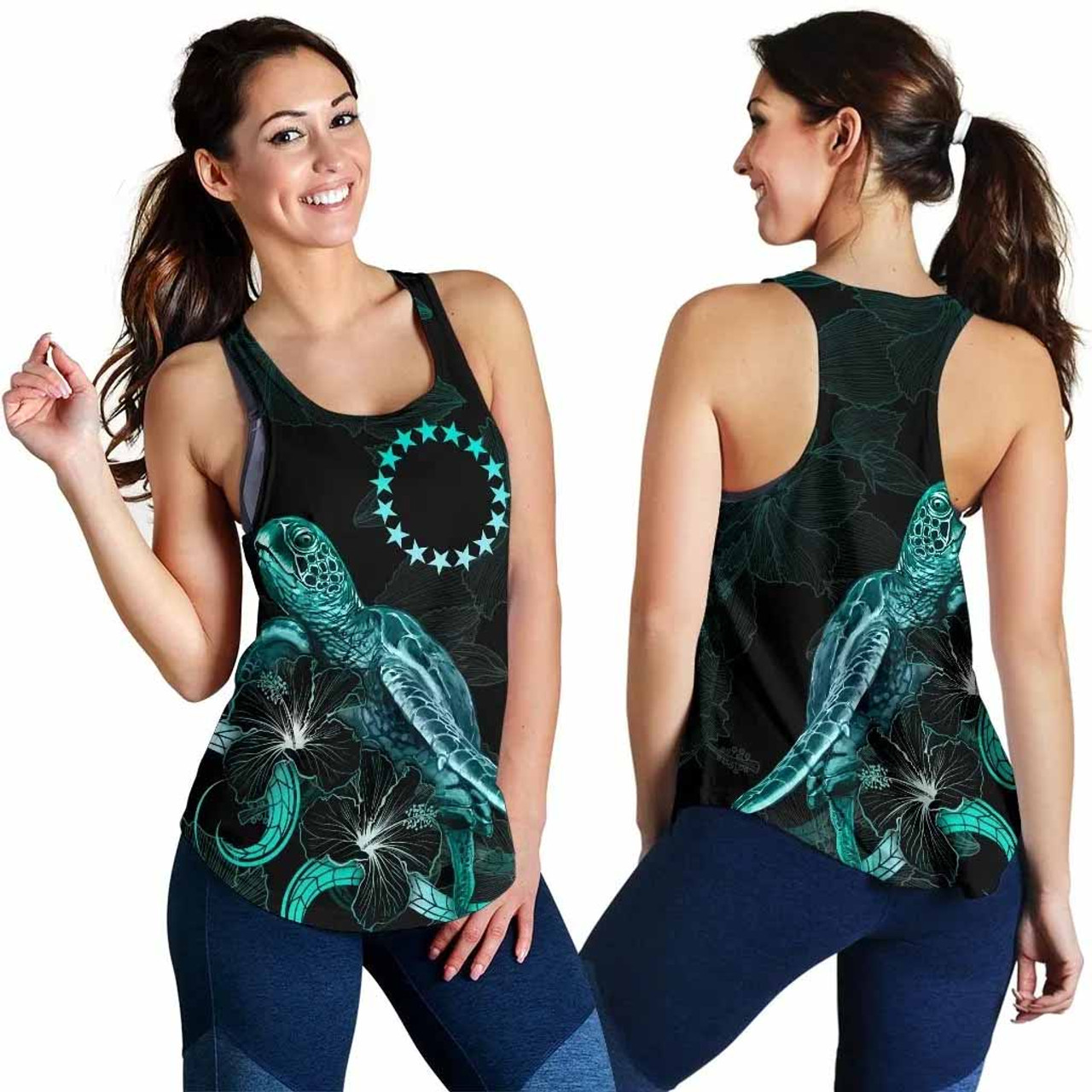 Cook Islands Polynesian Women Tank Top - Turtle With Blooming Hibiscus Turquoise 4