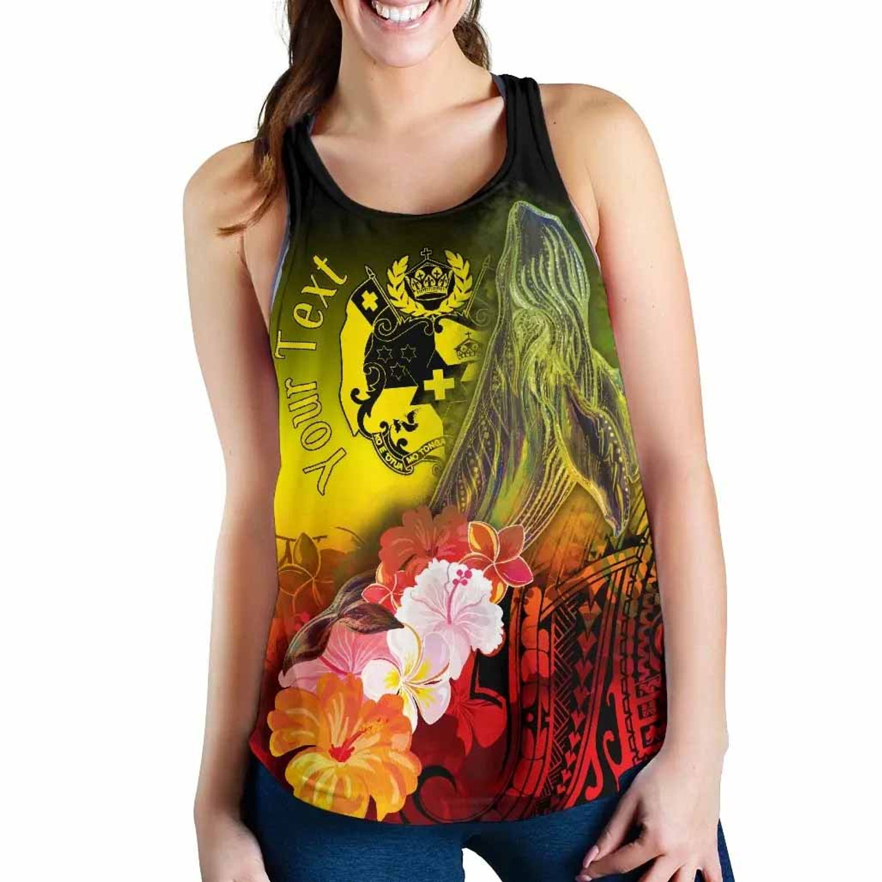 Tonga Custom Personalised Women Racerback Tank - Humpback Whale with Tropical Flowers (Yellow) 2