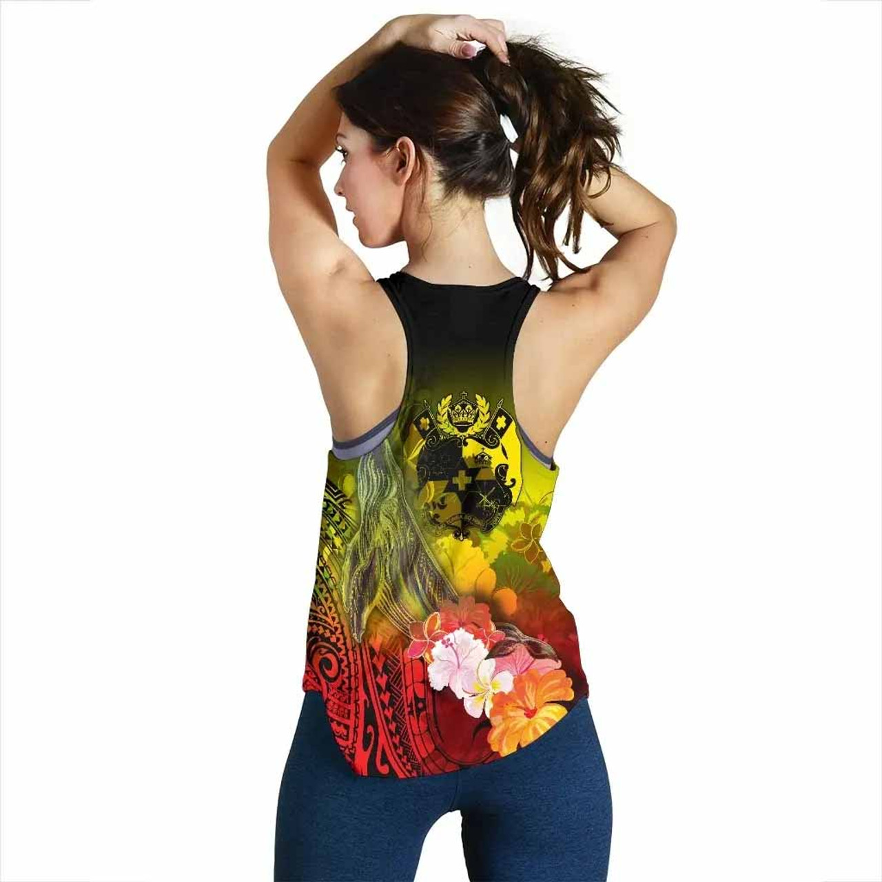 Tonga Custom Personalised Women Racerback Tank - Humpback Whale with Tropical Flowers (Yellow) 3