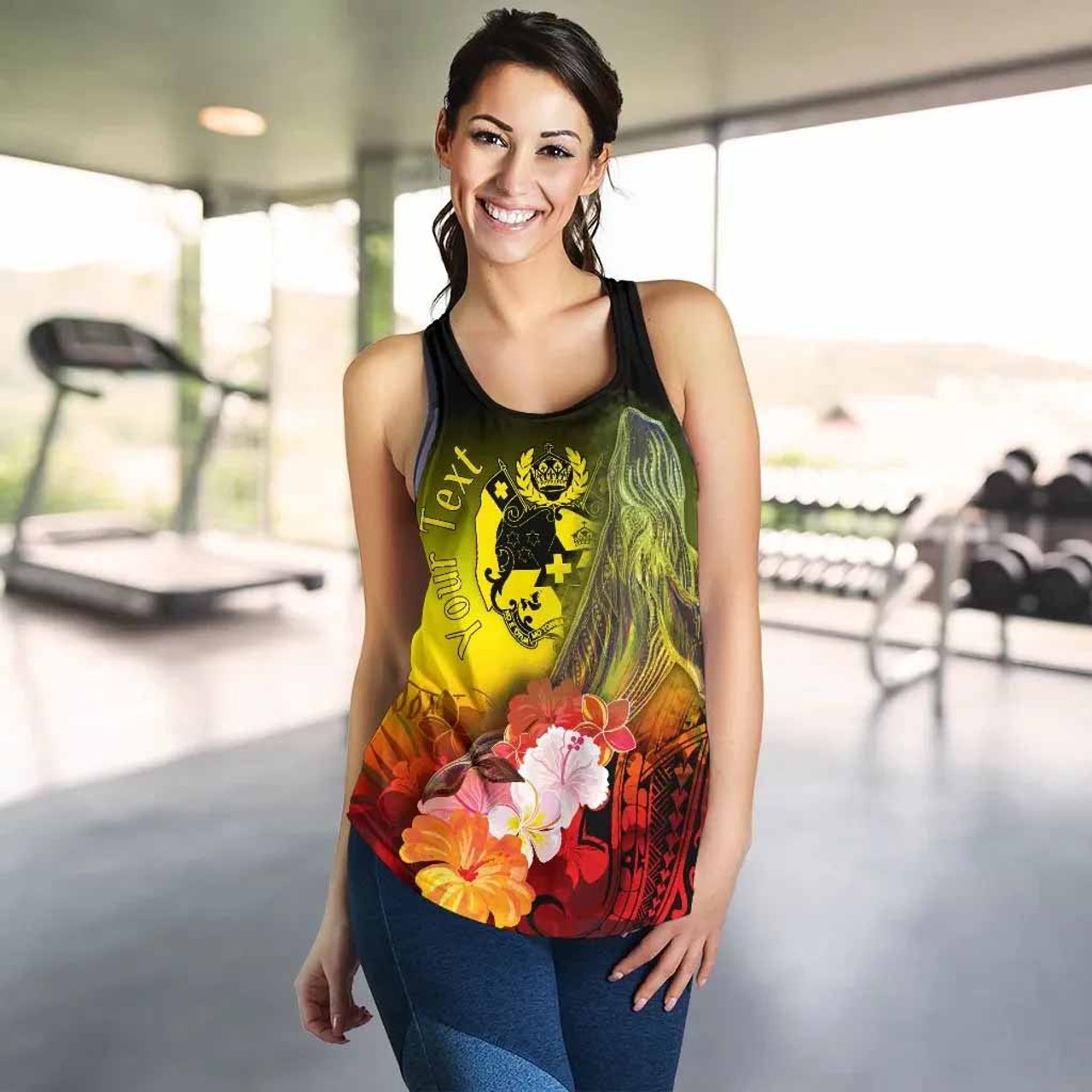 Tonga Custom Personalised Women Racerback Tank - Humpback Whale with Tropical Flowers (Yellow) 4