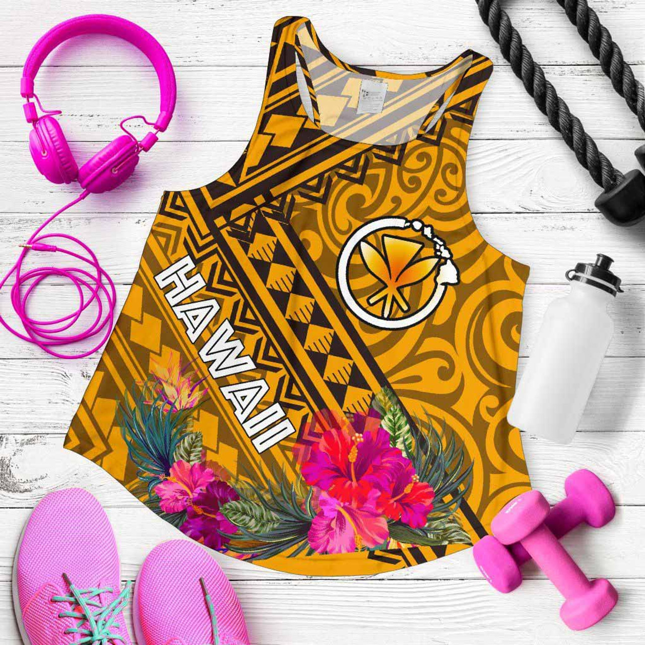 Hawaii Women Racerback Tank - Kanaka Maoli With Hibiscus On Polynesian Patterns (Yellow) 1