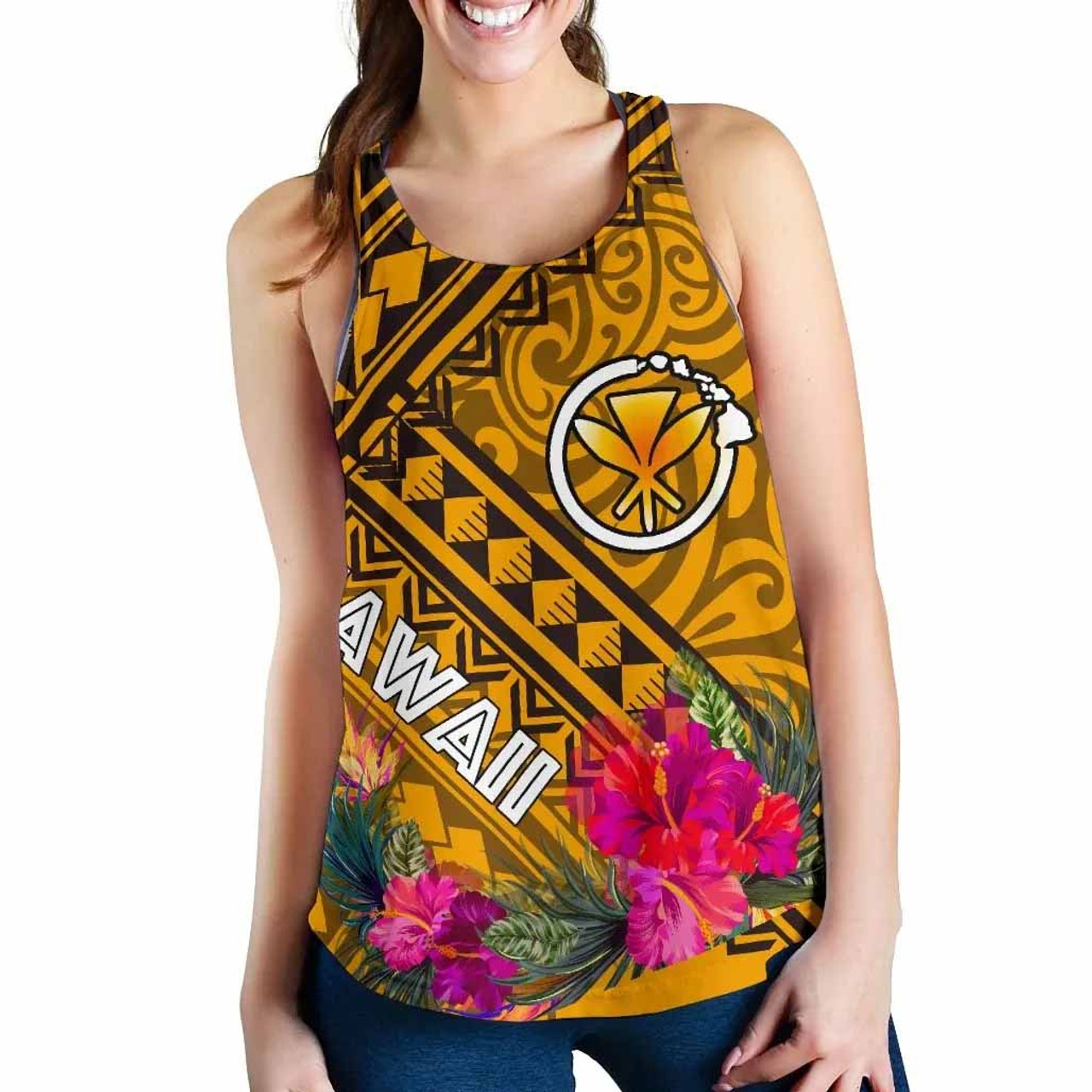 Hawaii Women Racerback Tank - Kanaka Maoli With Hibiscus On Polynesian Patterns (Yellow) 4