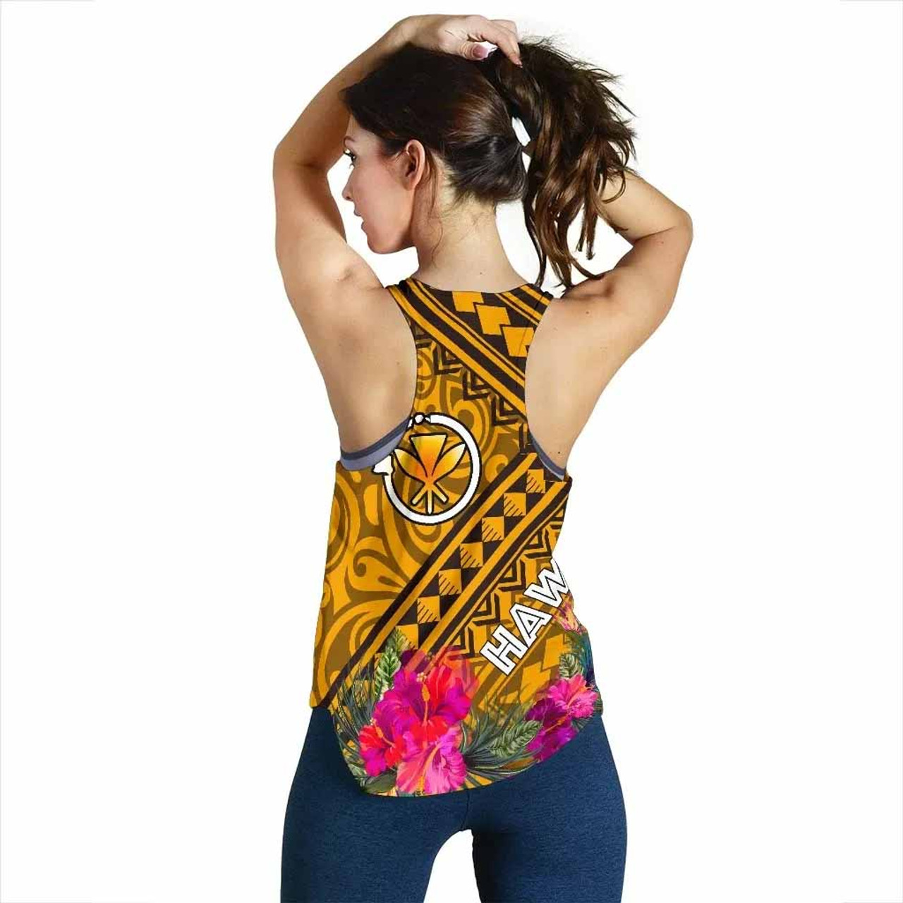 Hawaii Women Racerback Tank - Kanaka Maoli With Hibiscus On Polynesian Patterns (Yellow) 5