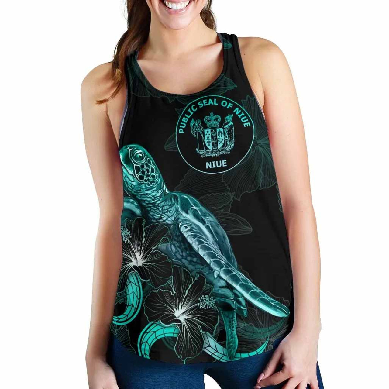 Niue Polynesian Women Tank Top - Turtle With Blooming Hibiscus Turquoise 2