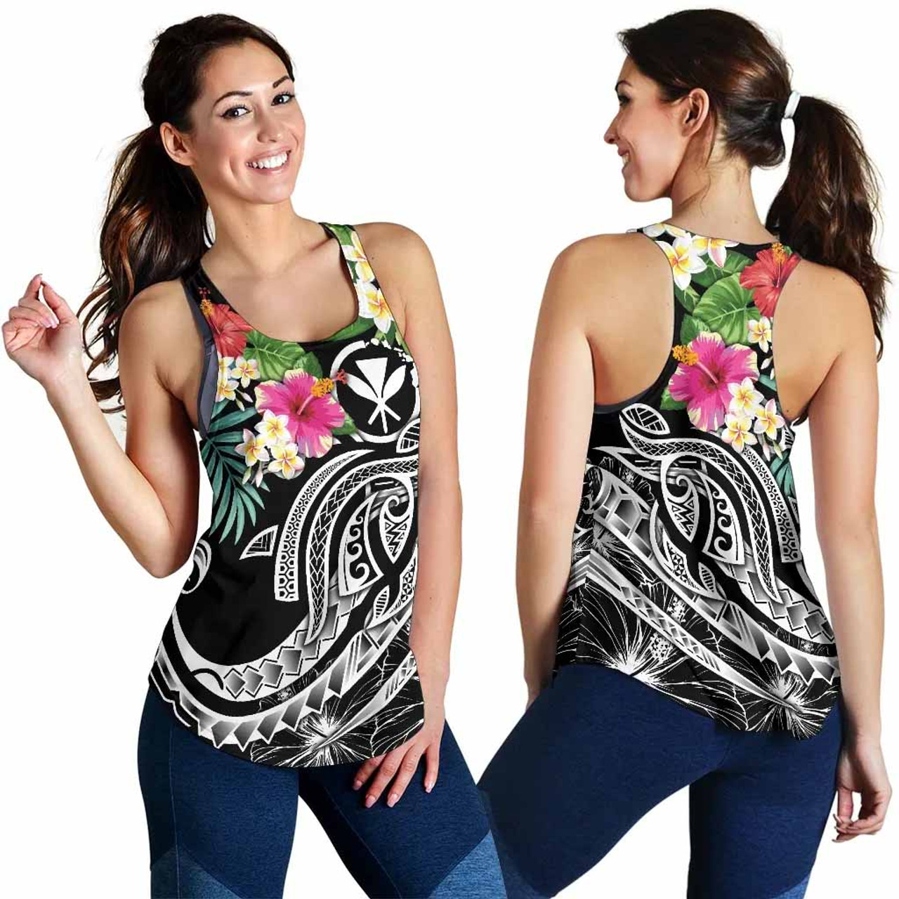 Polynesian Hawaii Kanaka Maoli Women Racerback Tank - Summer Plumeria (Black) 4