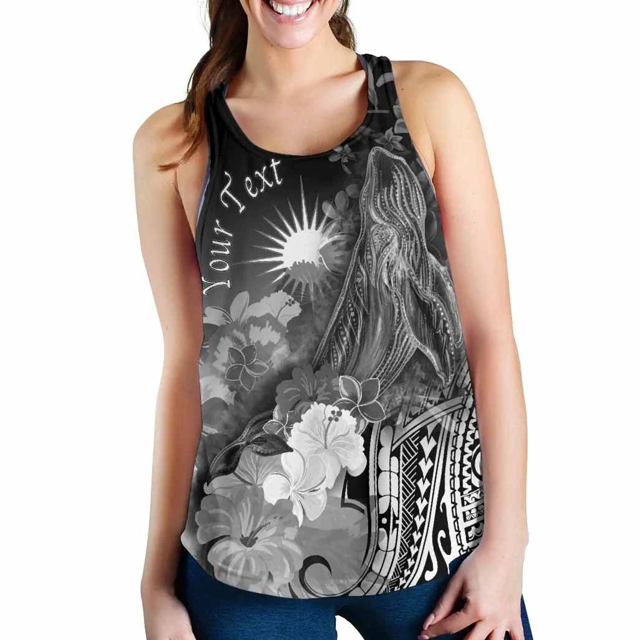 Marshall Islands Custom Personalised Women Racerback Tank - Humpback Whale with Tropical Flowers (White) 2