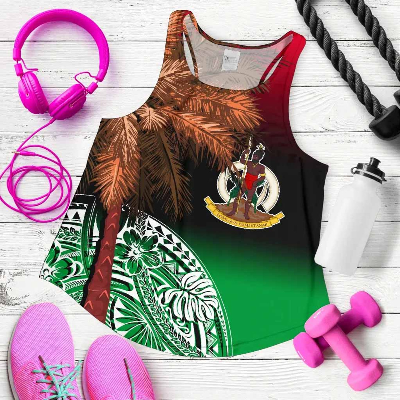 Vanuatu Women Racerback Tank Polynesian Palm Tree Flag 5