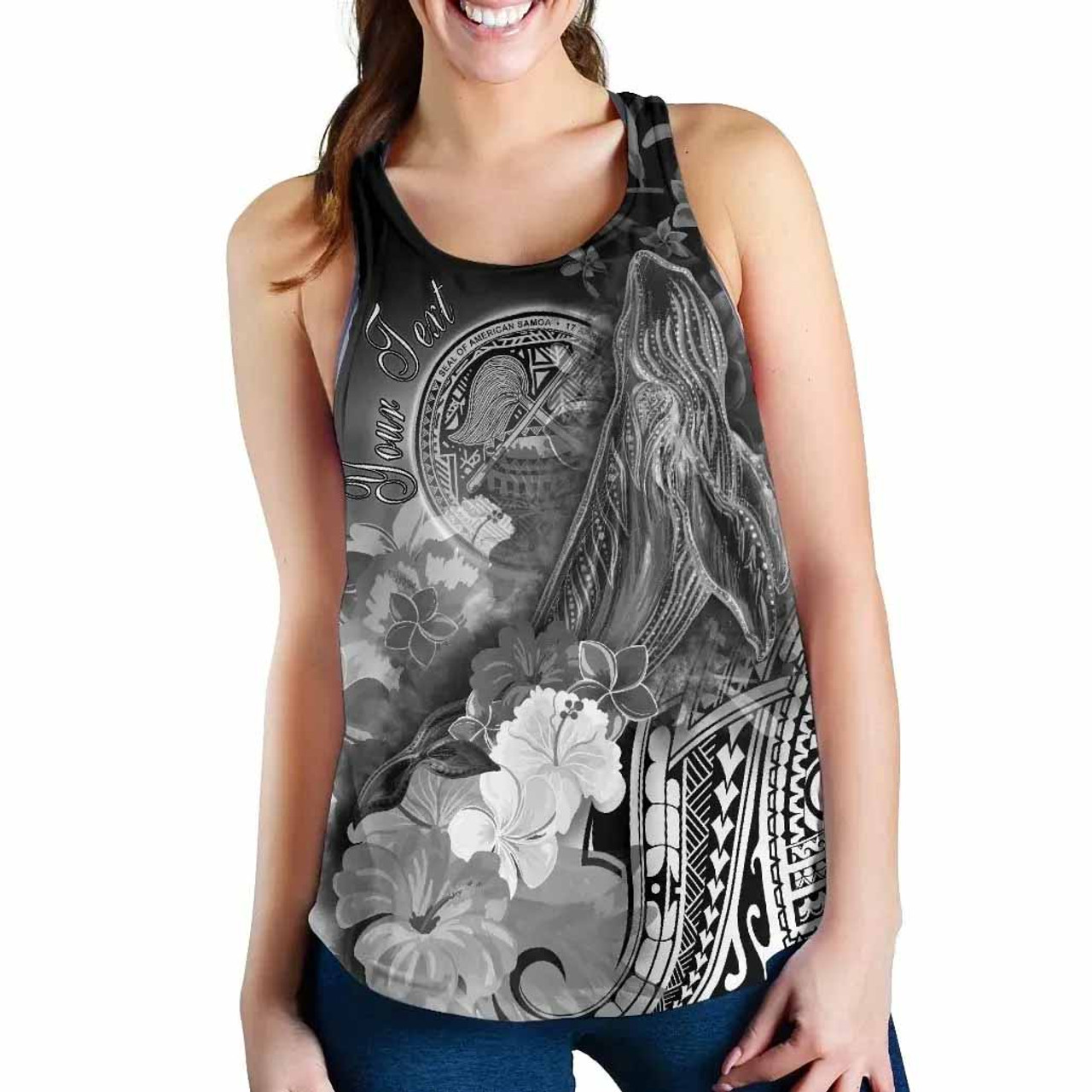 American Samoa Polynesian Custom Personalised Women Racerback Tank - Humpback Whale with Tropical Flowers (White) 2