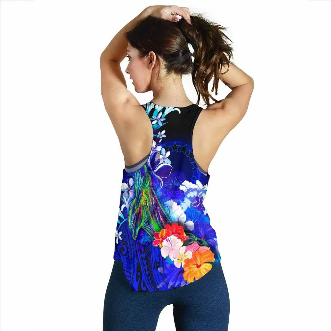 Cook Islands Custom Personalised Women Racerback Tank - Humpback Whale with Tropical Flowers (Blue) 3