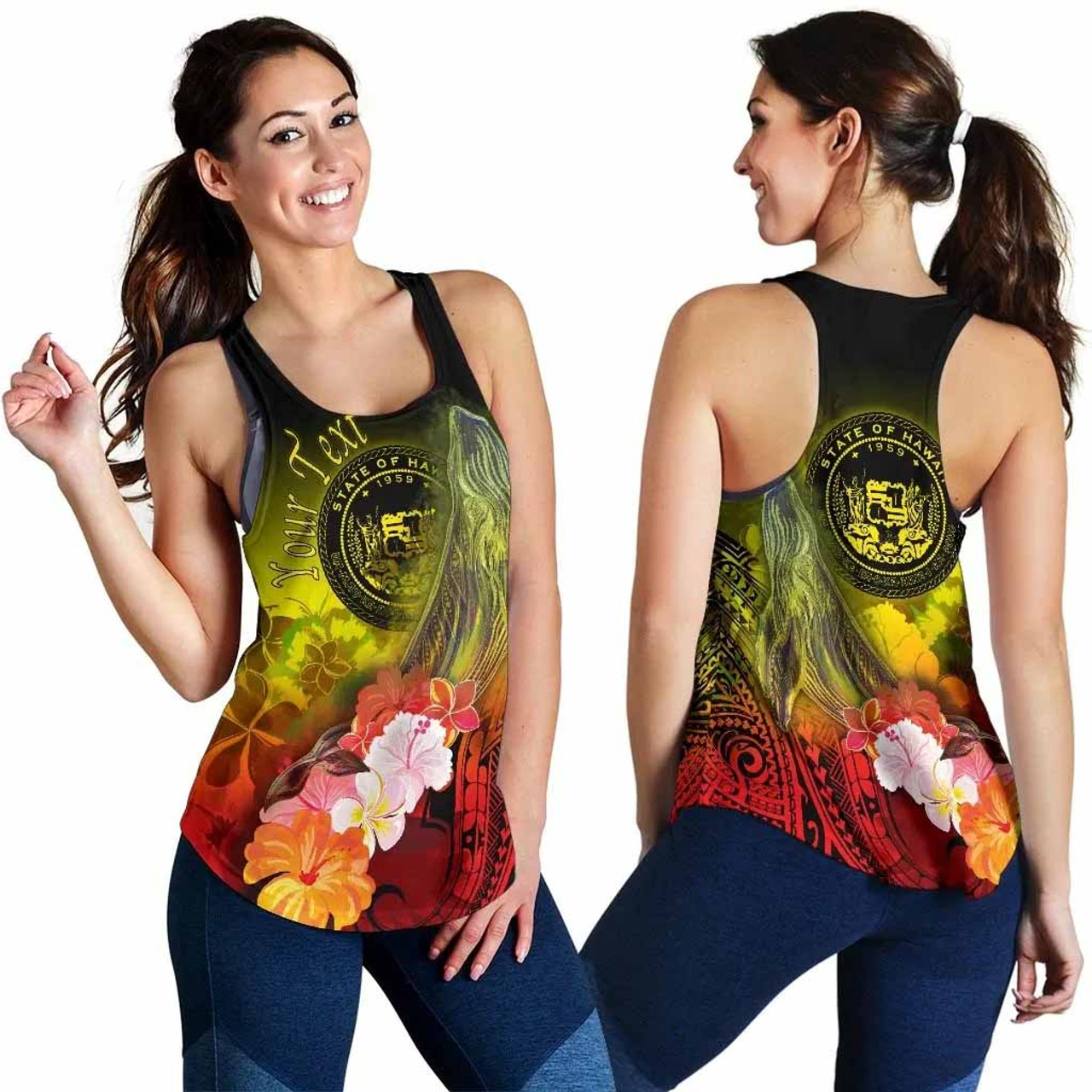 Polynesian Hawaii Custom Personalised Women Racerback Tank - Humpback Whale with Tropical Flowers (Yellow) 4