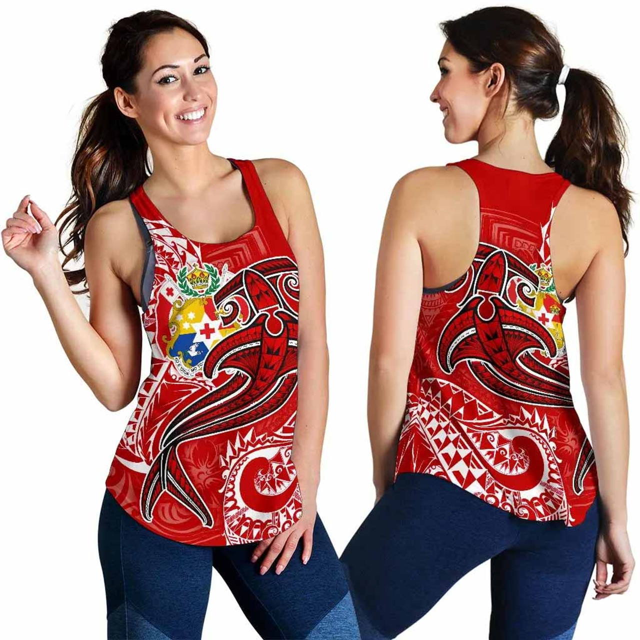 Tonga Women Racerback Tank - Red Shark Polynesian Tattoo 2