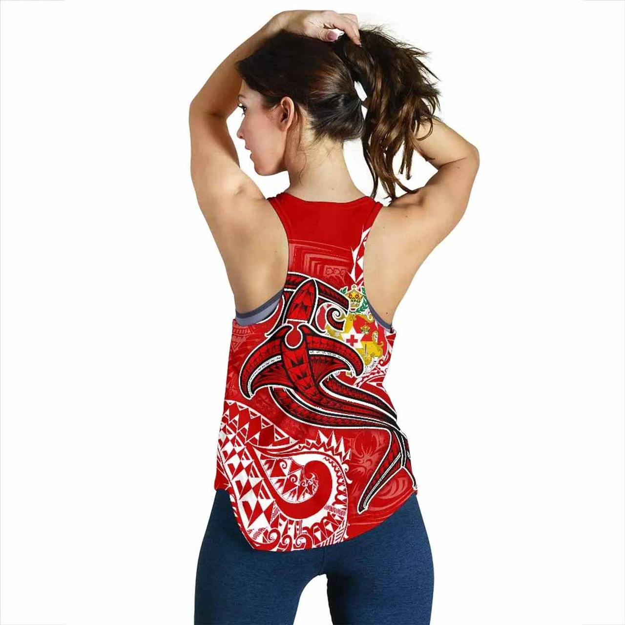 Tonga Women Racerback Tank - Red Shark Polynesian Tattoo 4