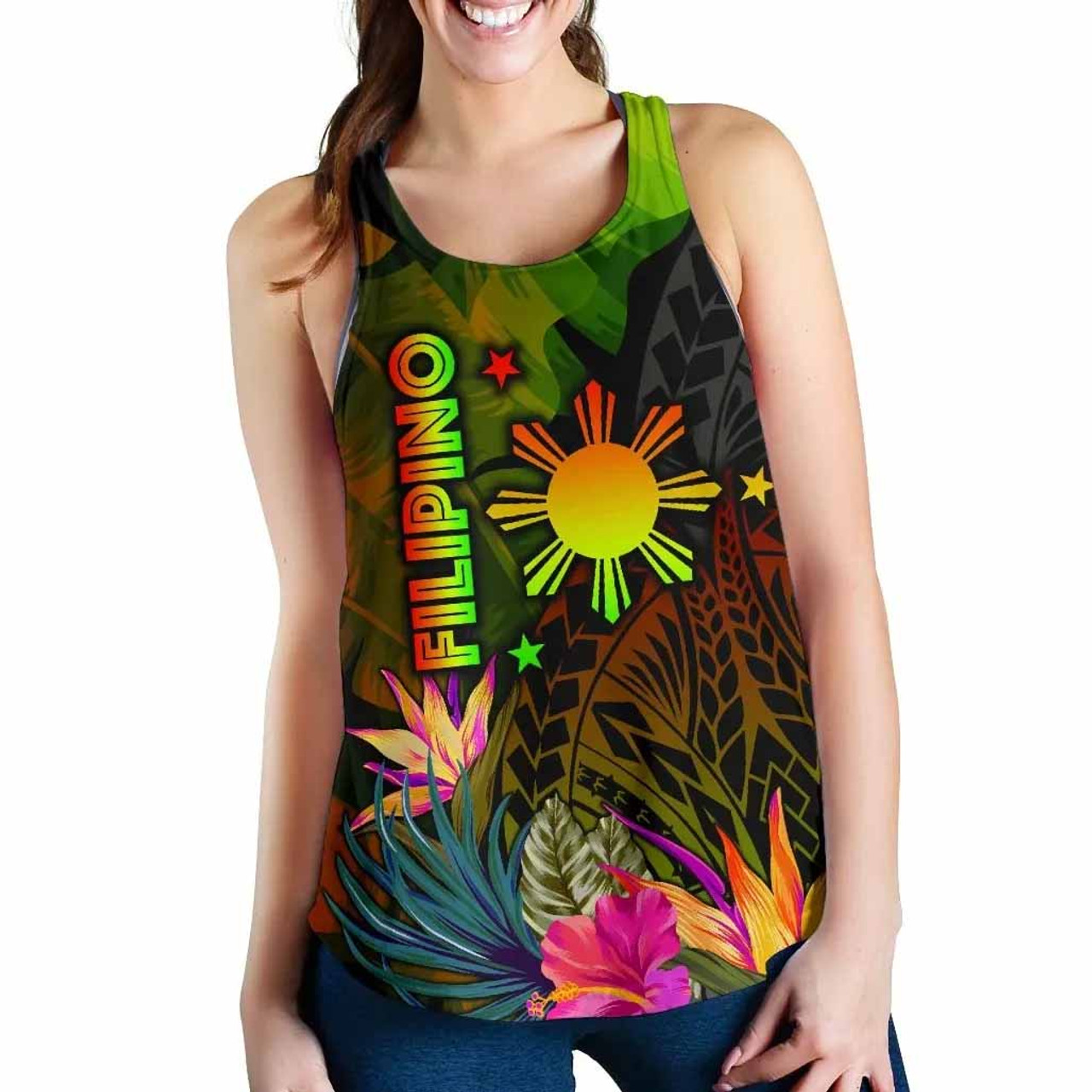 The Philippines Polynesian Women Racerback Tank - Hibiscus and Banana Leaves 2