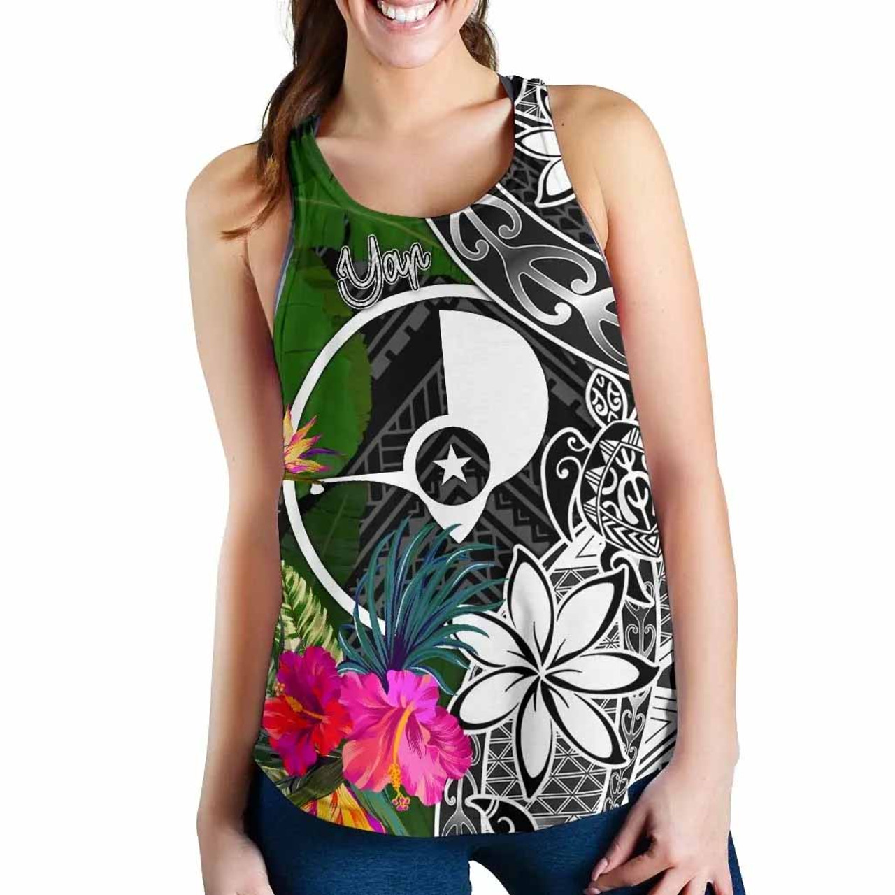 Yap Women Racerback Tank - Turtle Plumeria Banana Leaf 3