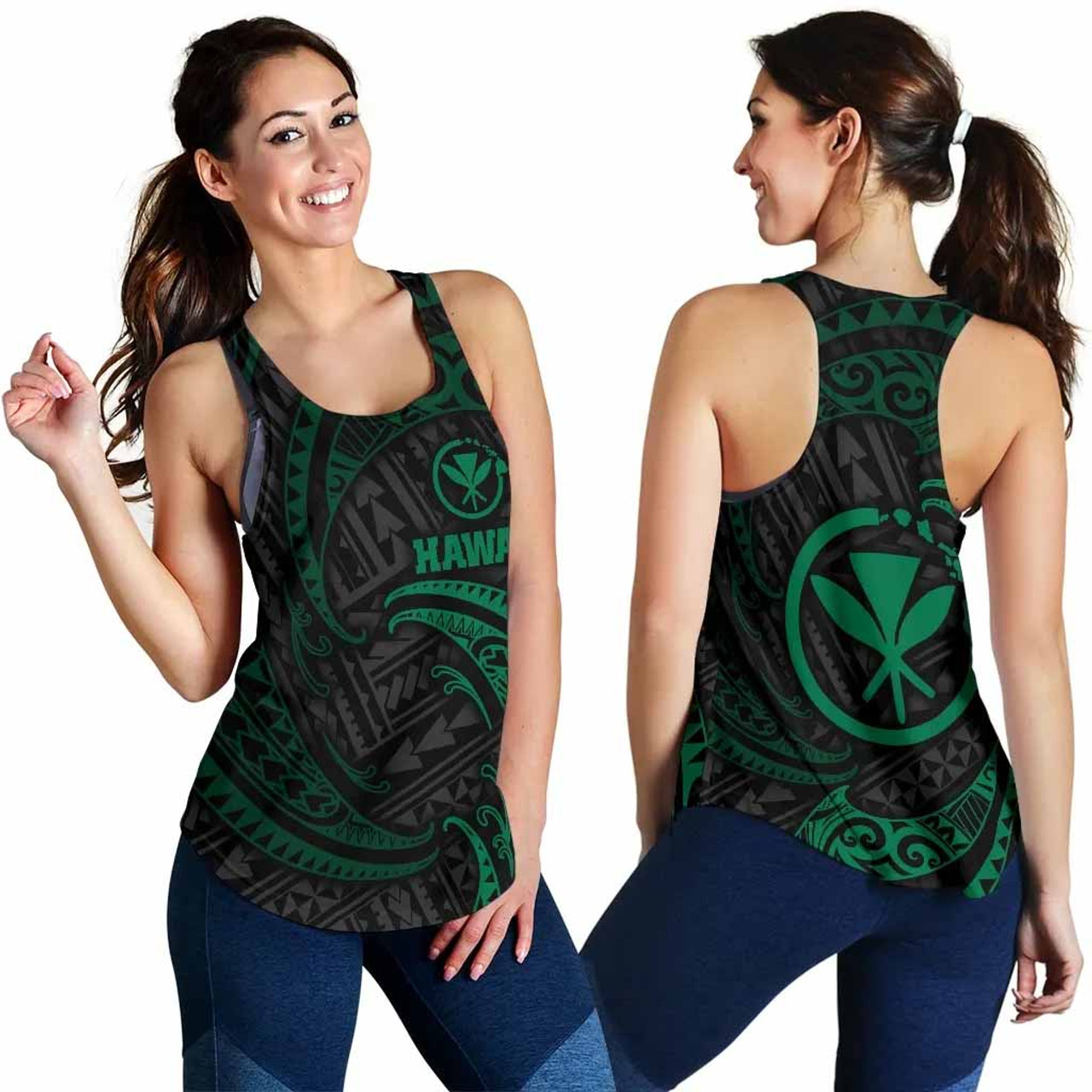 Hawaii Polynesian Women Racerback Tank - Green Tribal Wave 1