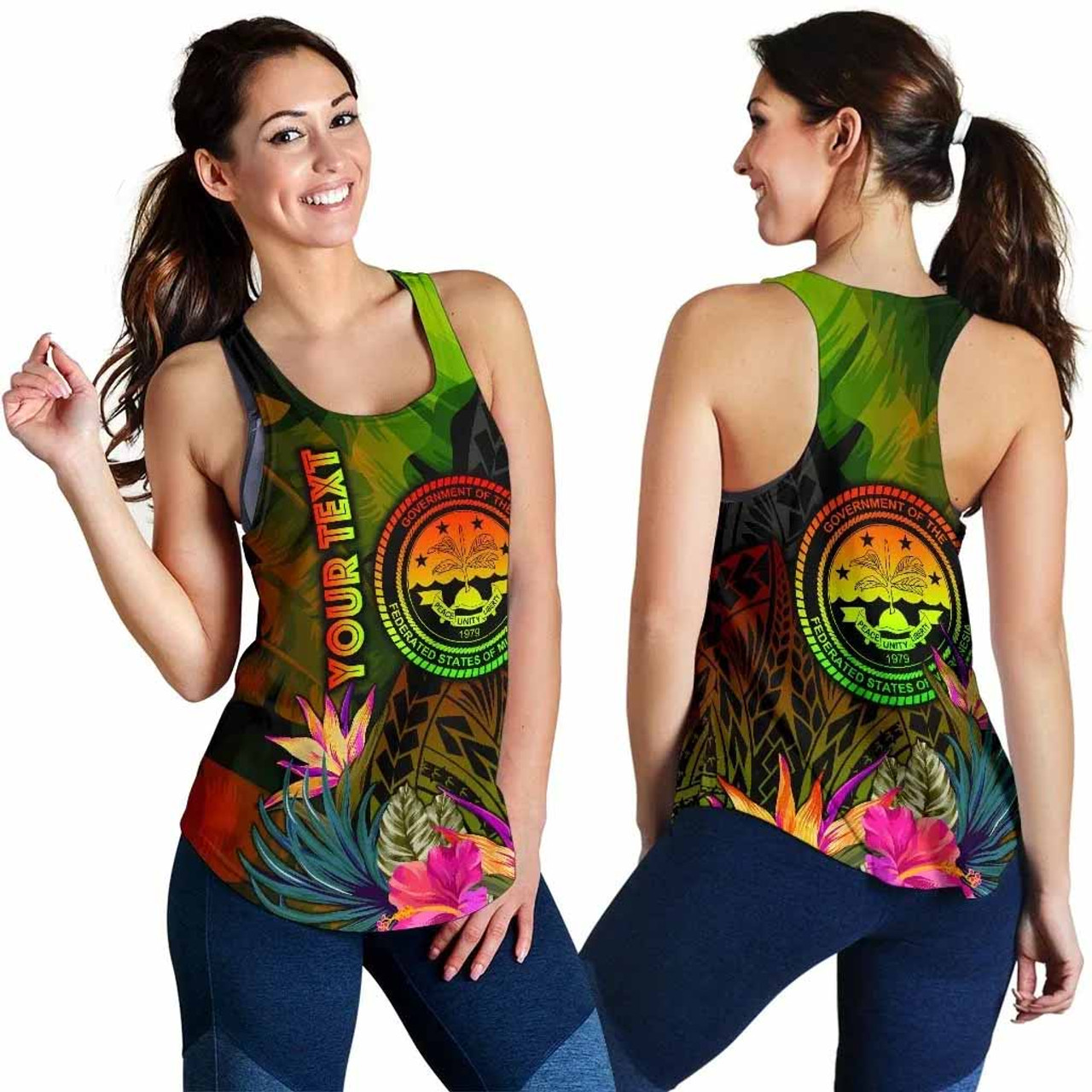 Federated States of Micronesia Polynesian Personalised Women Racerback Tanks - Hibiscus and Banana Leaves 4