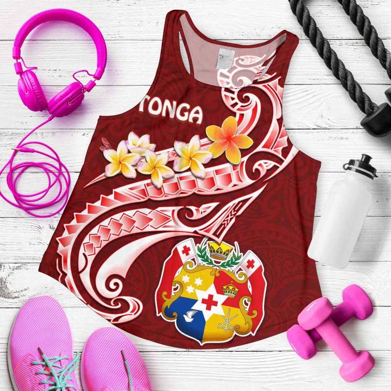 Tonga Women Racerback Tank - Tonga Coat Of Arms With Polynesian Patterns 2