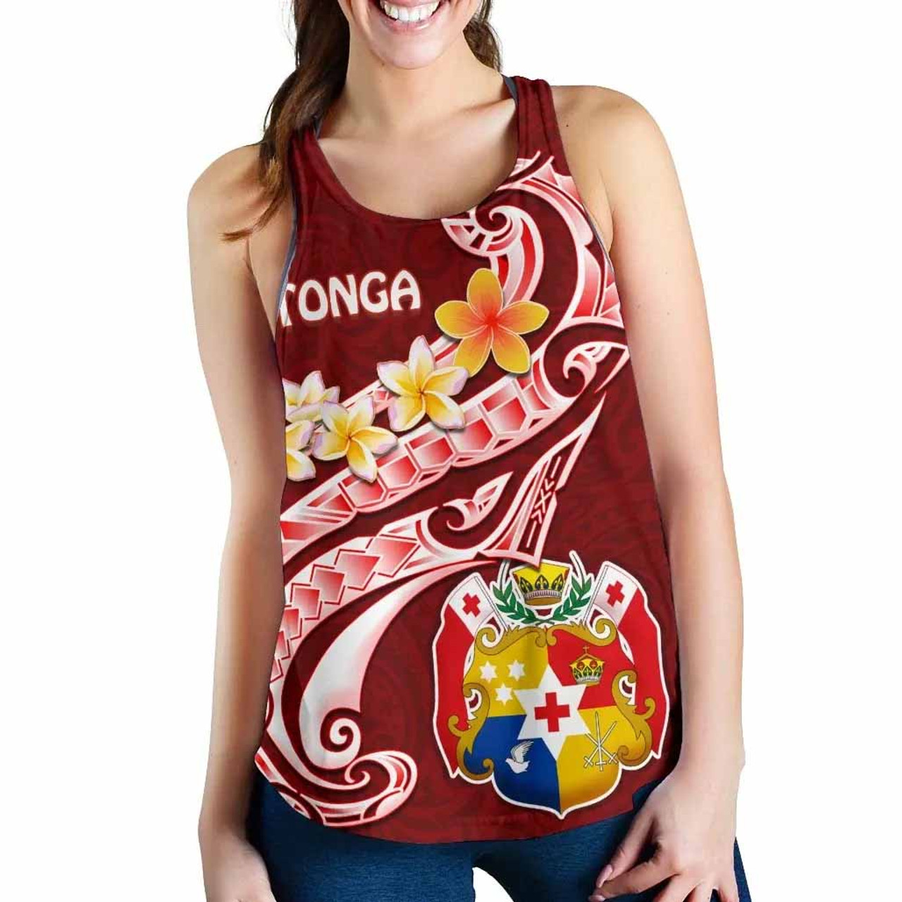 Tonga Women Racerback Tank - Tonga Coat Of Arms With Polynesian Patterns 3