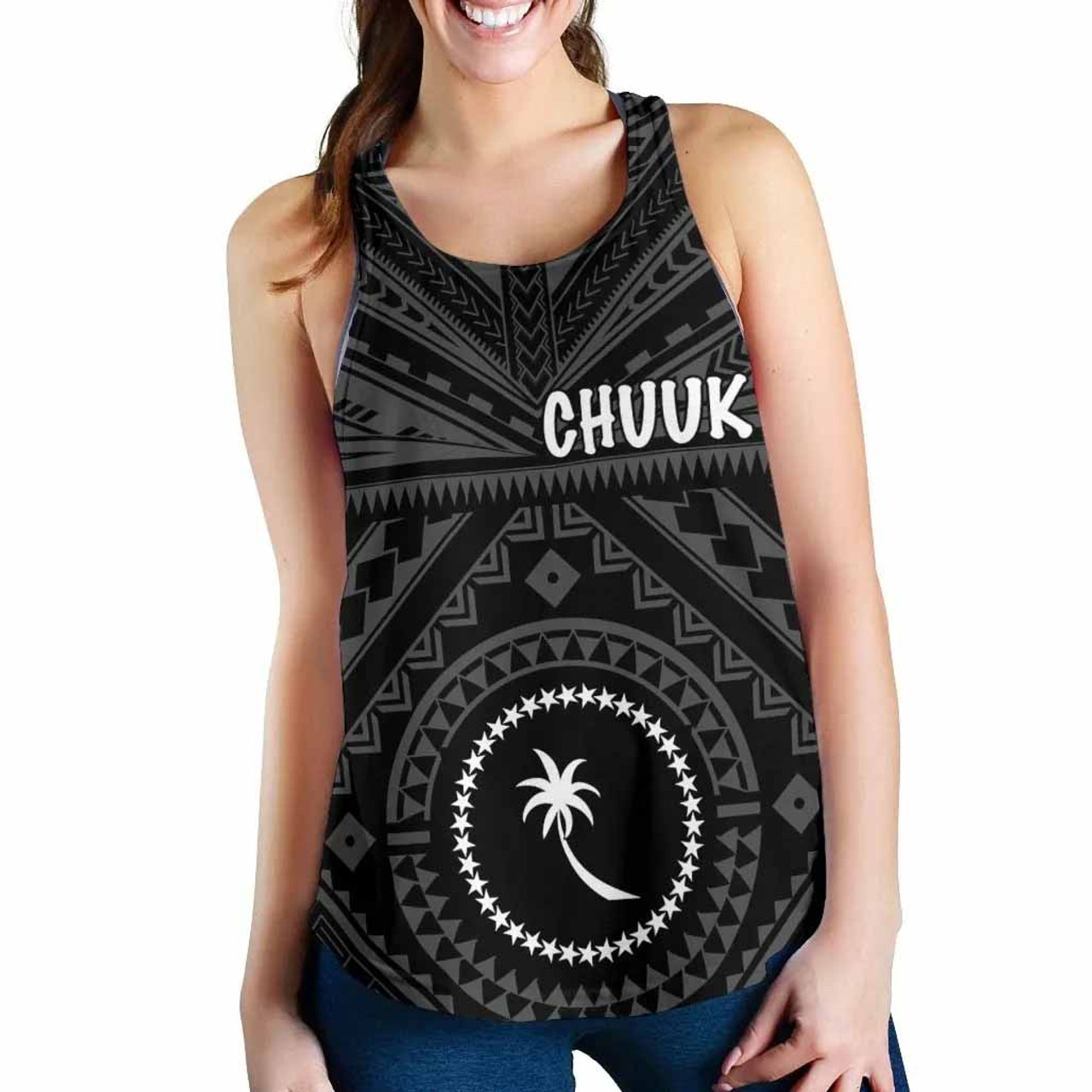 Chuuk Women Racerback Tank - Chuuk Seal With Polynesian Tattoo Style (Black) 2