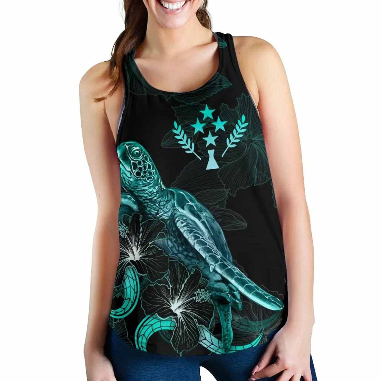 Kosrae Polynesian Women Tank Top - Turtle With Blooming Hibiscus Turquoise 2