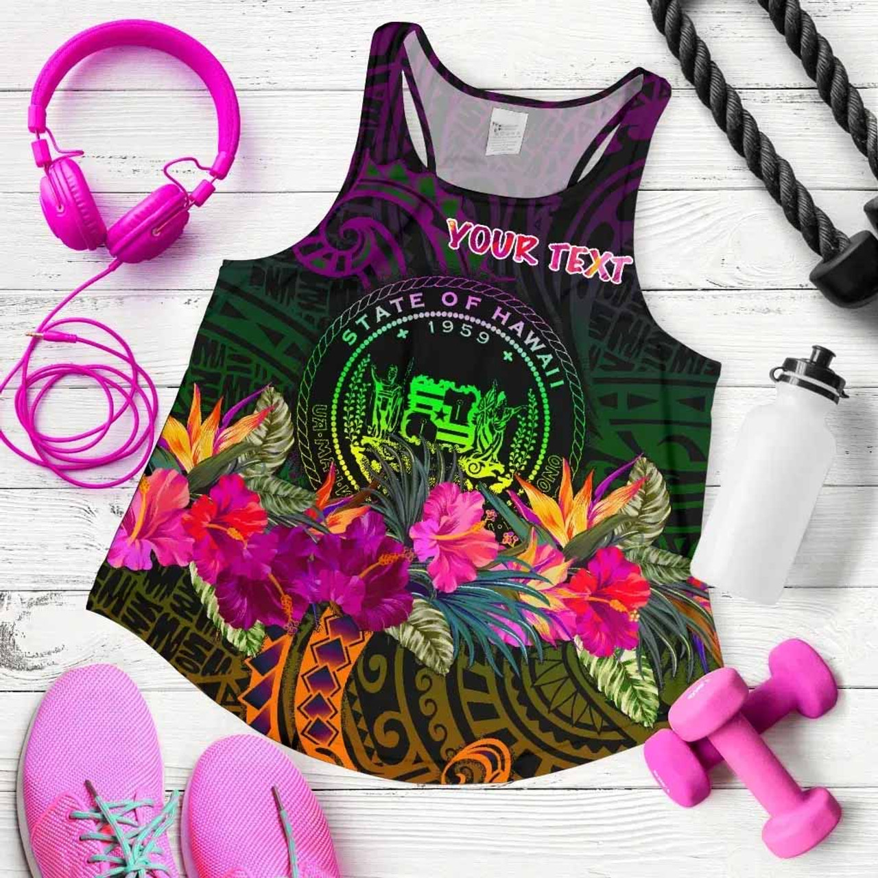 Polynesian Hawaii Personalised Women Racerback Tank - Summer Hibiscus 1