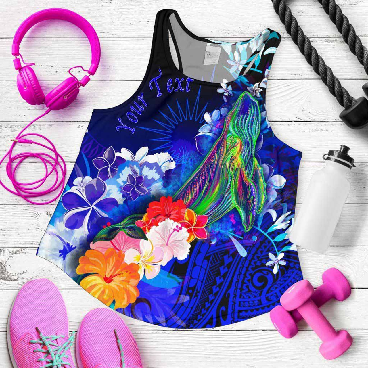 Marshall Islands Custom Personalised Women Racerback Tank - Humpback Whale with Tropical Flowers (Blue) 1